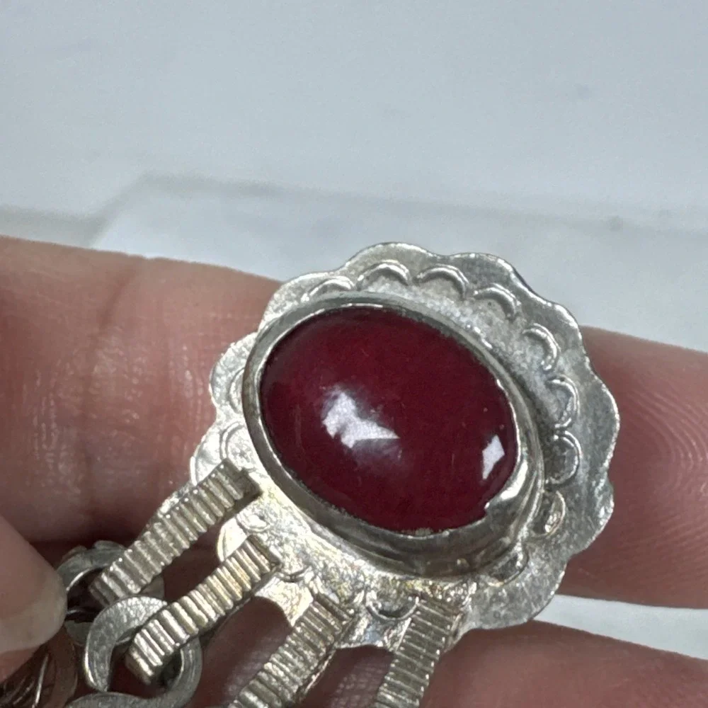 Vintage coin silver kuchi tribal afghan button cover with red Stone